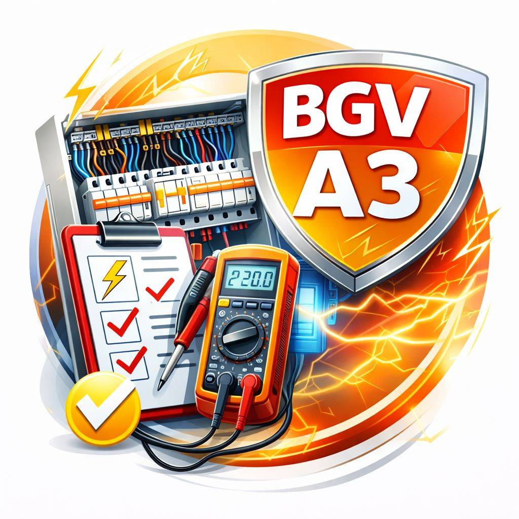 Elektroprüfung Referenzen: Schaltschrank, Messgerät, Checkliste für BGV A3 Prüfung. Sicherheit und Qualität geprüft.