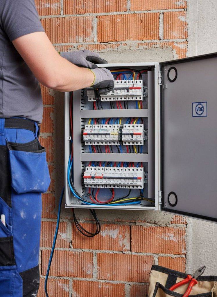 Elektroinstallation: Elektriker arbeitet an Sicherungskasten für private und gewerbliche Gebäude. Fachmännische Installation.