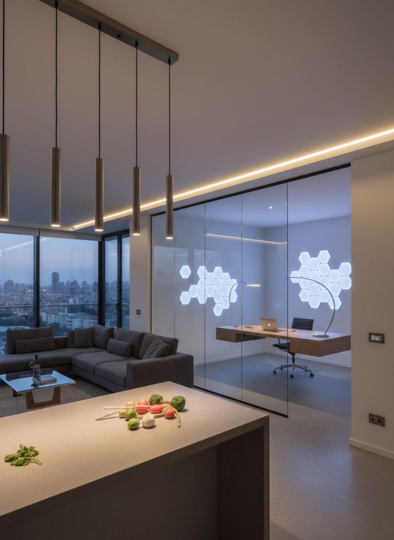 LED Beleuchtung im modernen Wohnzimmer: Hängeleuchten, Glaswand zum Büro mit hexagonaler Wandleuchte. Stilvolles Interieur Design.