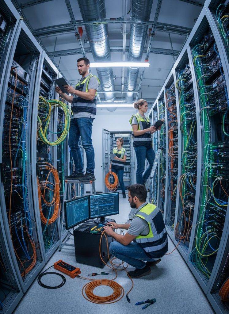 Netzwerktechniker arbeiten im Rechenzentrum an Datentechnik. Server, Kabel und Computer im Einsatz.