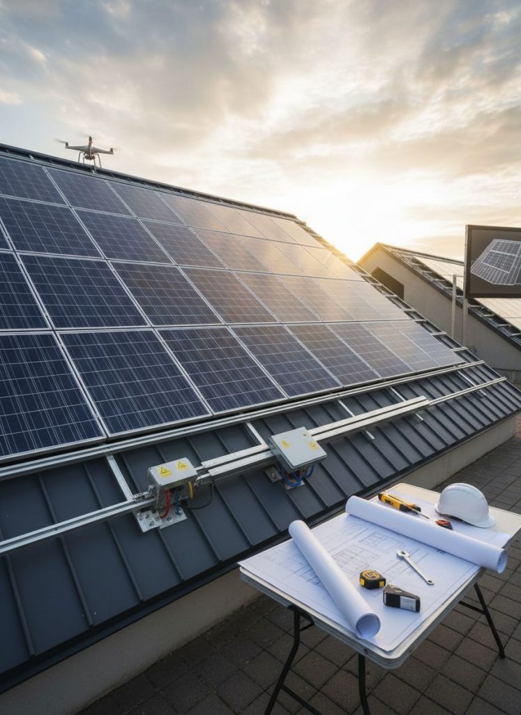 Photovoltaikanlage Installation: Solarmodule auf Dach, Drohne, Baupläne, Werkzeuge. Nachhaltige Energie, erneuerbare Energien.