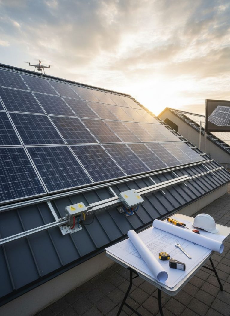 Photovoltaikanlage Installation: Solarmodule auf Dach, Drohne, Baupläne, Werkzeuge. Nachhaltige Energie, erneuerbare Energien.