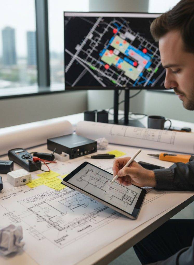 Planung & Installation von Alarmanlagen: Mann arbeitet an Bauplan auf Tablet, im Hintergrund ein Monitor mit Gebäudeplan.
