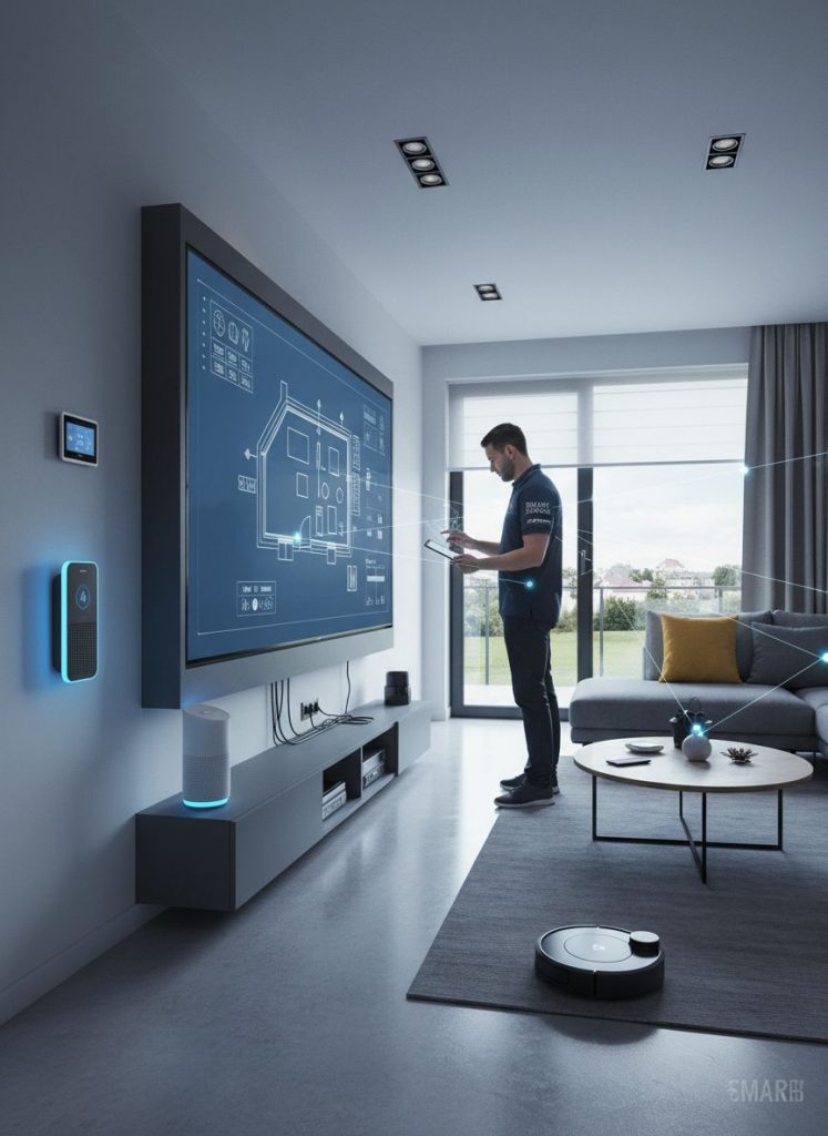 Smart Home Installationen: Mann mit Tablet vor großem Bildschirm mit Hausplan, intelligente Geräte im Wohnzimmer.