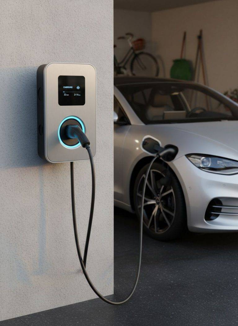Wallbox Ladestation für Elektroauto in Garage. Silbernes Auto wird geladen. E-Mobilität mit Wallbox.